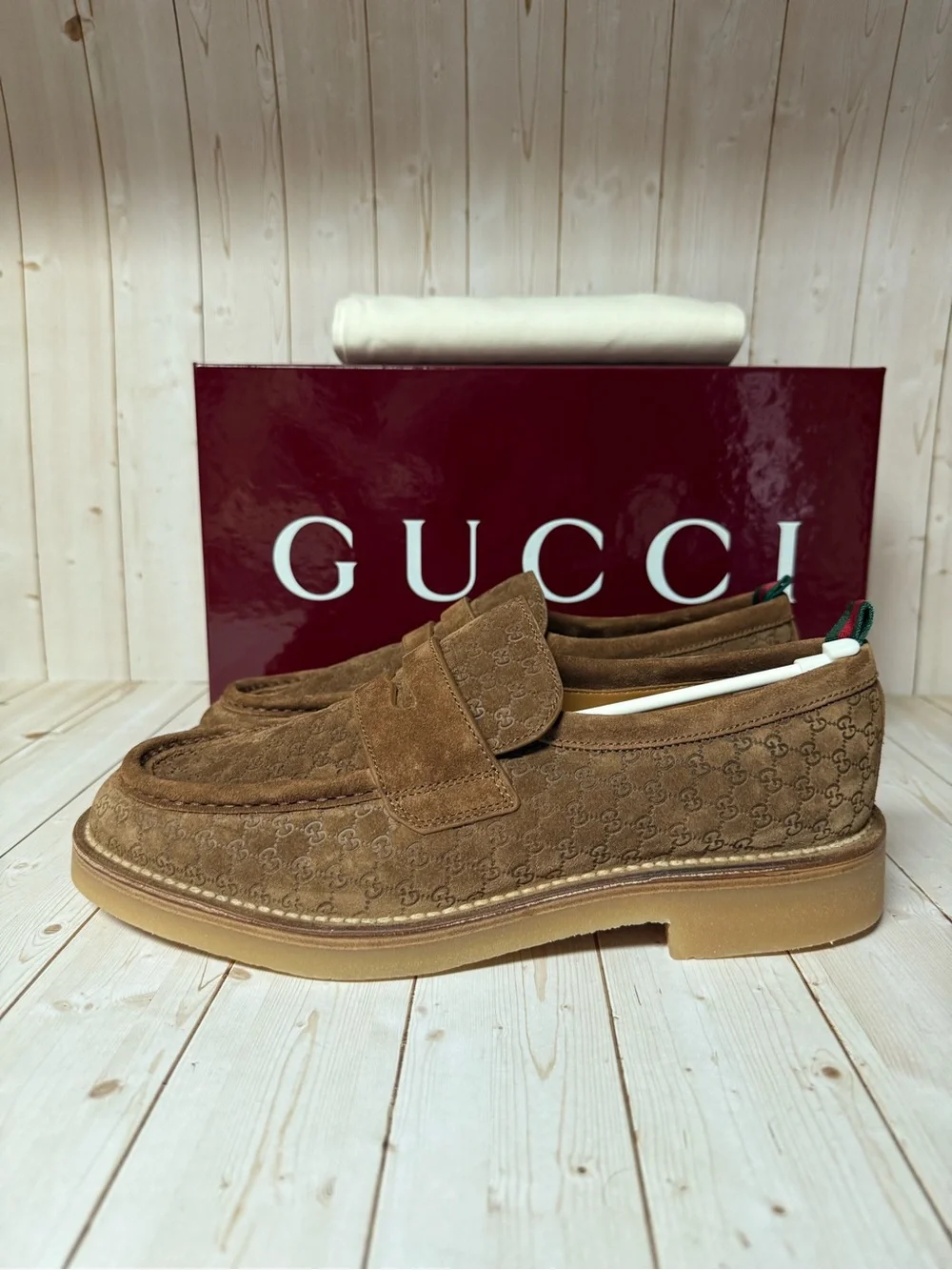 Gucci Luxury Suede Microguccissima Loafers Nocciola Brown Sz 8.5G / 9US